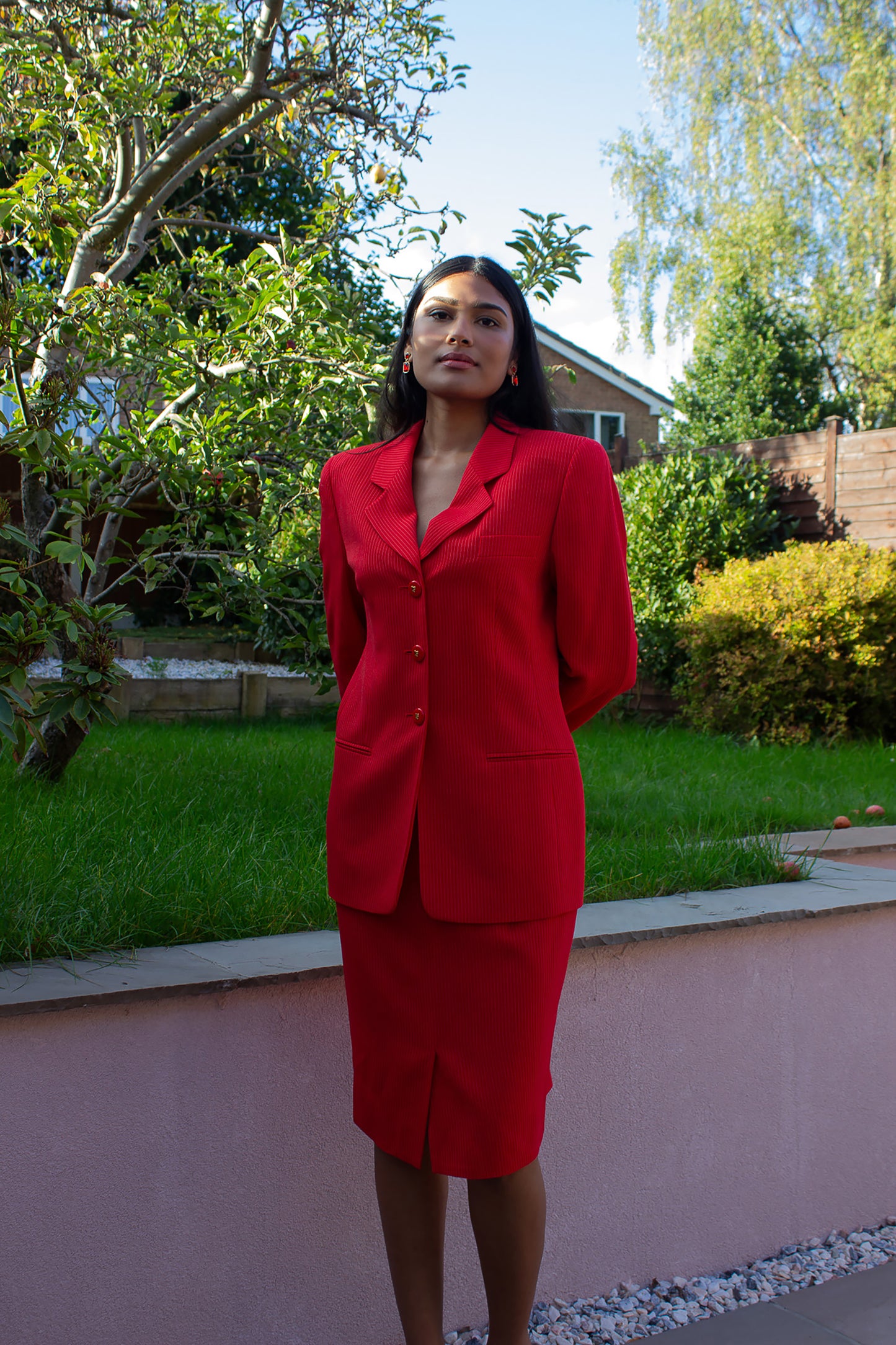 Louis Feraud Red Pinstripe Skirt Suit