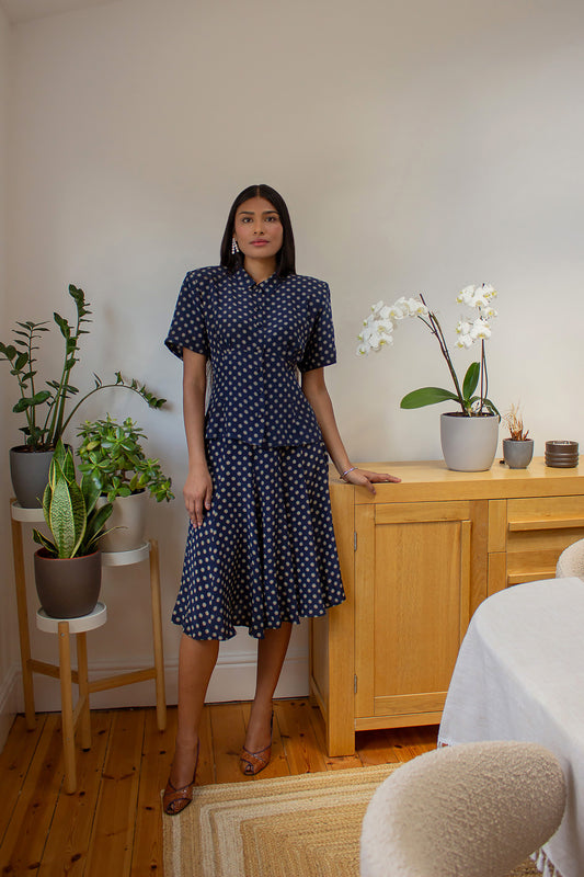 Vintage Navy Printed Silk Skirt Suit