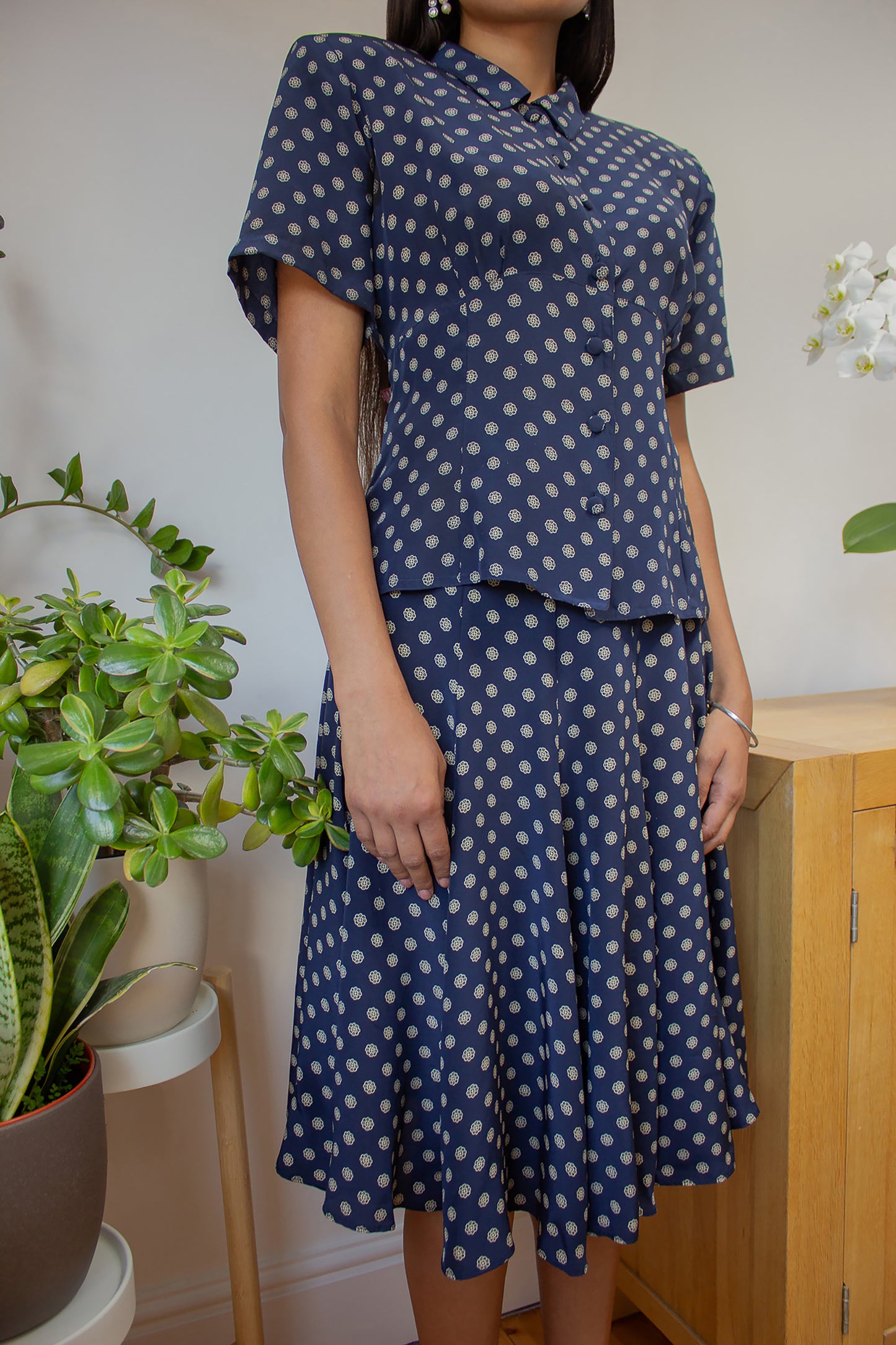 Vintage Navy Printed Silk Skirt Suit