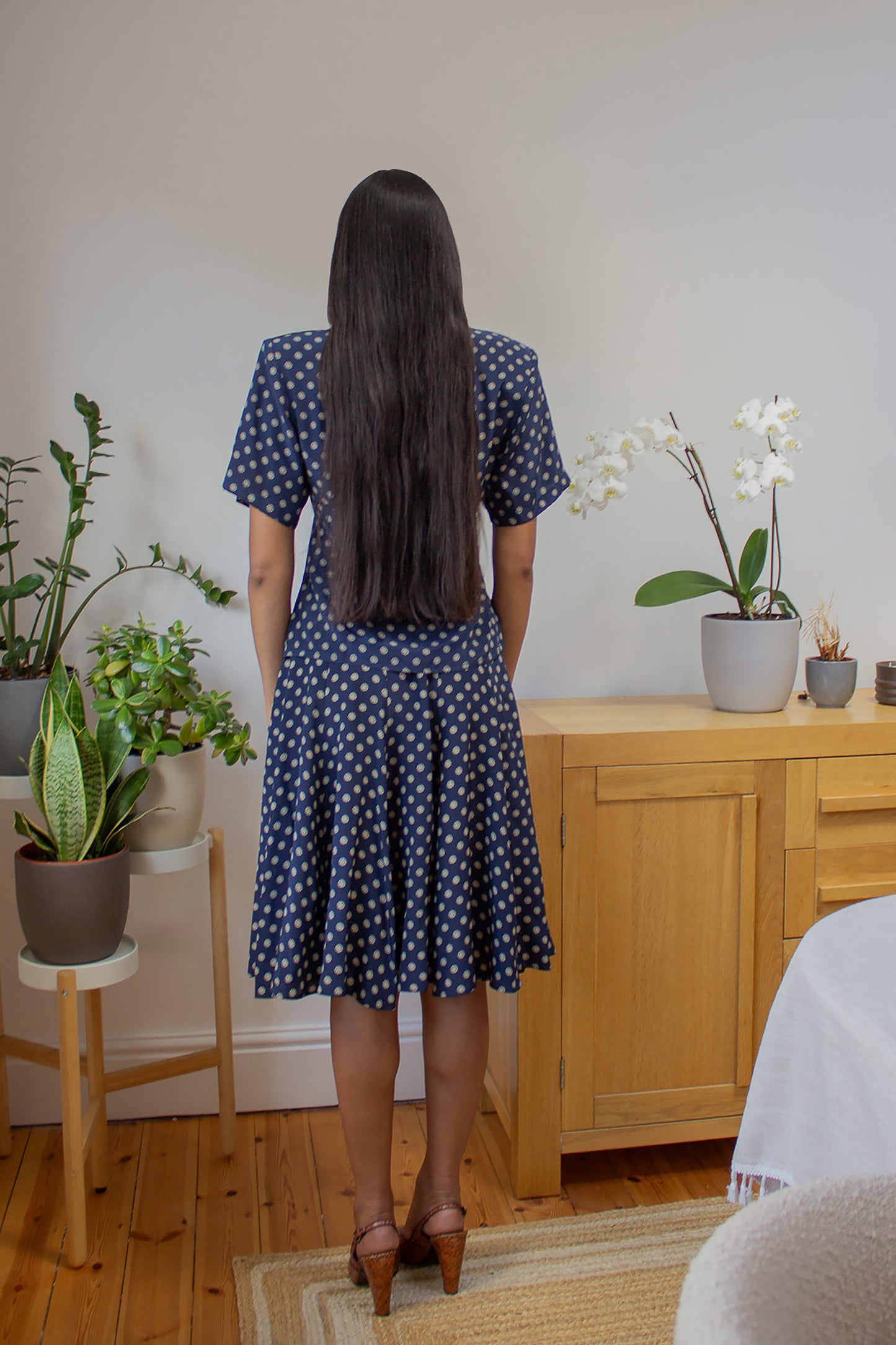 Vintage Navy Printed Silk Skirt Suit