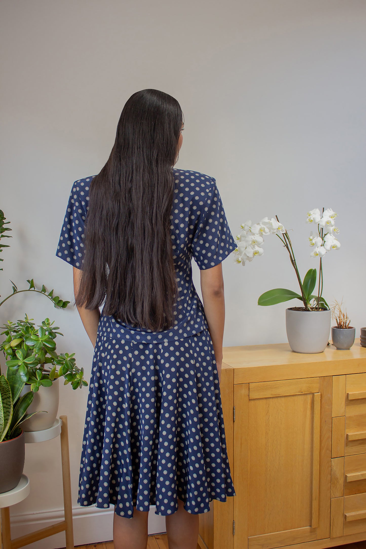 Vintage Navy Printed Silk Skirt Suit