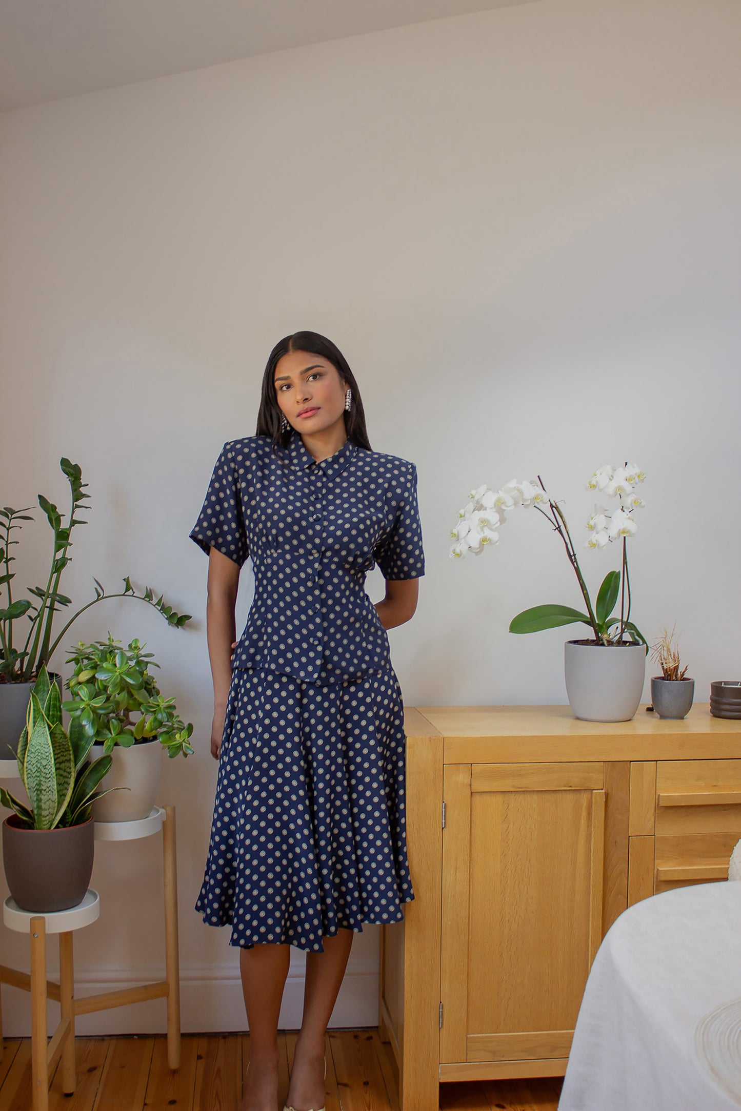 Vintage Navy Printed Silk Skirt Suit