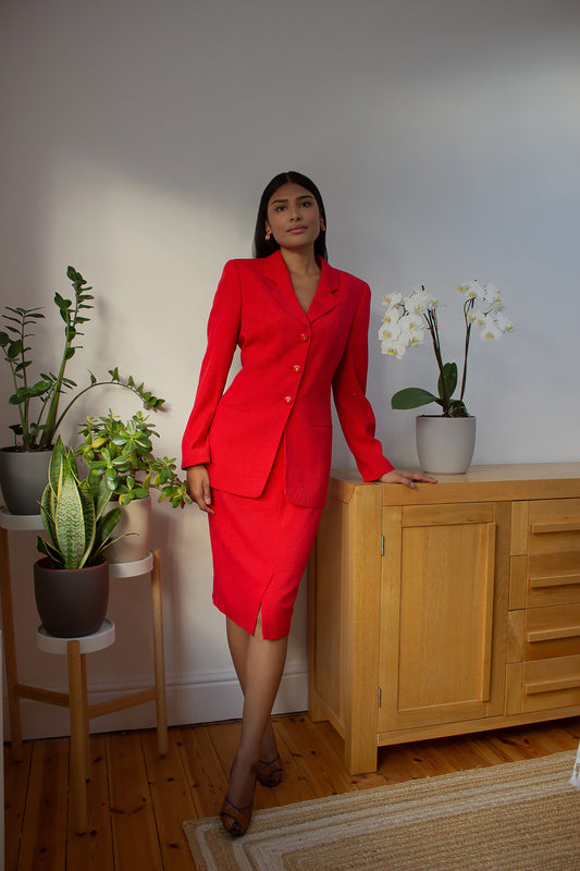 Louis Feraud Red Pinstripe Skirt Suit