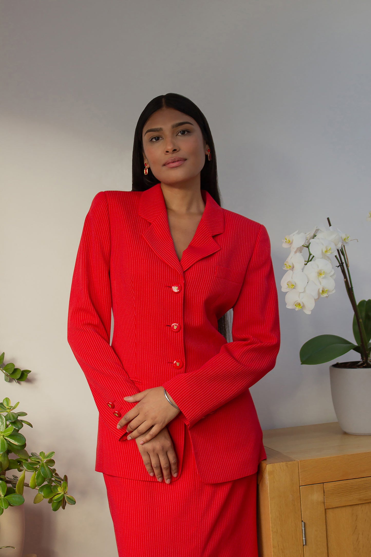 Louis Feraud Red Pinstripe Skirt Suit