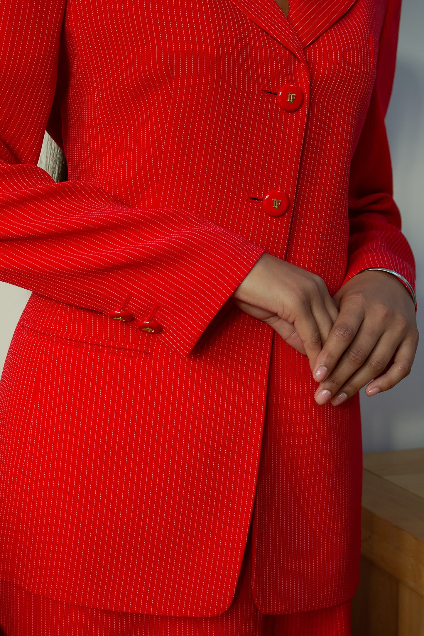 Louis Feraud Red Pinstripe Skirt Suit