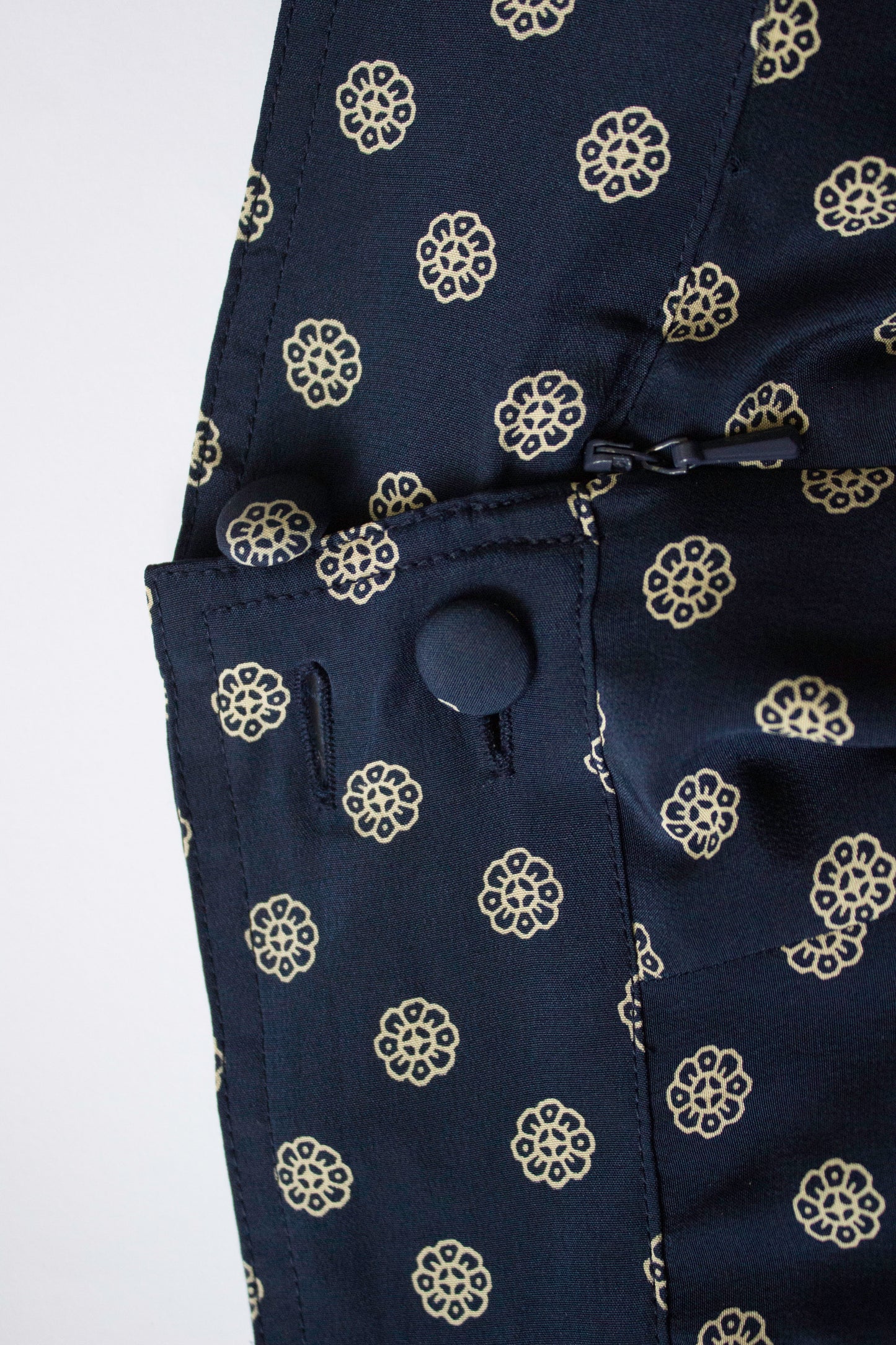 Vintage Navy Printed Silk Skirt Suit